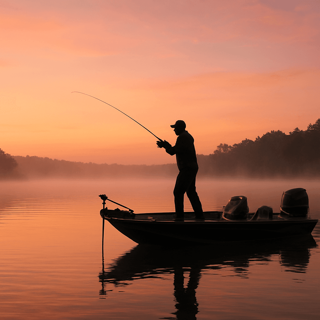 Angler casting from a bass boat on Lake Norman at sunrise