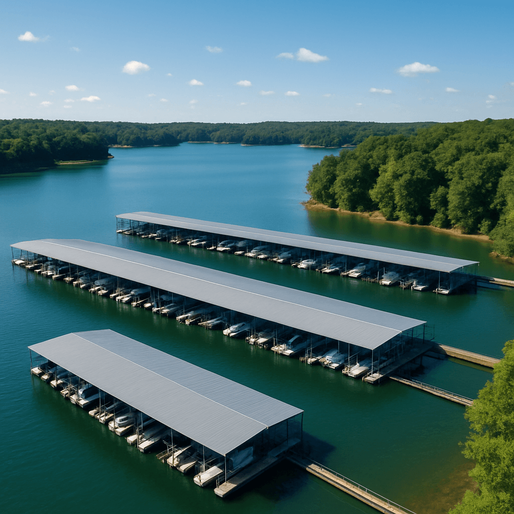Aerial view of a Lake Norman marina with rows of covered boat slips