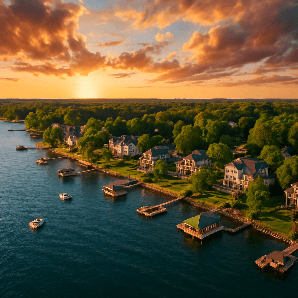 Aerial view of Lake Norman waterfront vacation homes and docks at golden hour